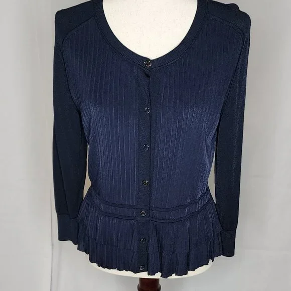 Oscar de la Renta Navy Button Front Ruffle Hem Cardigan Size: L - Picture 2 of 16